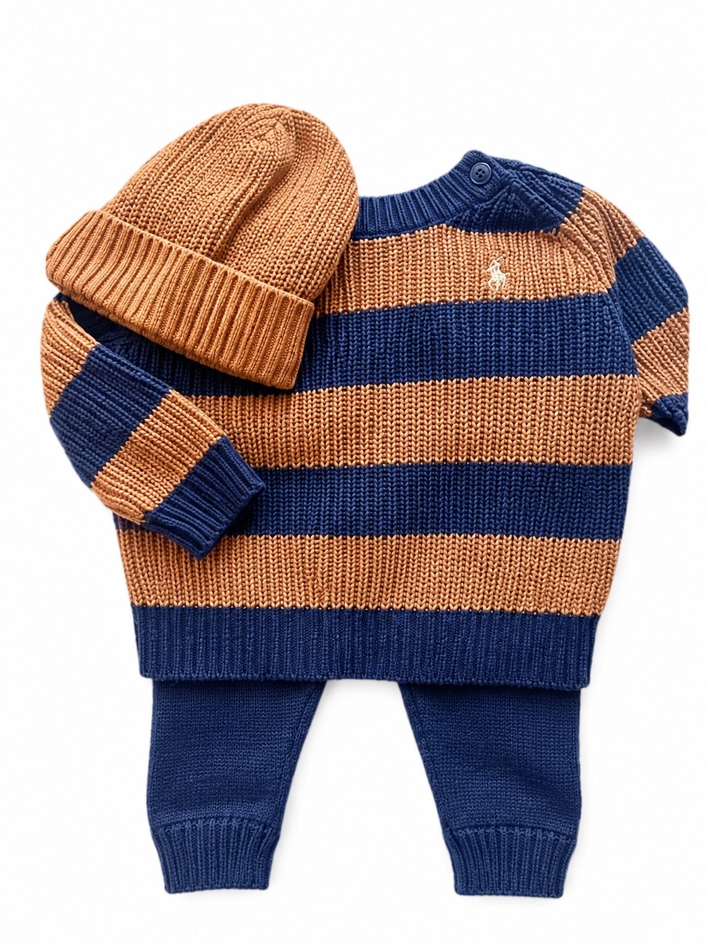 GAP Navy and Camel Striped Knit Sweater Set with Beanie